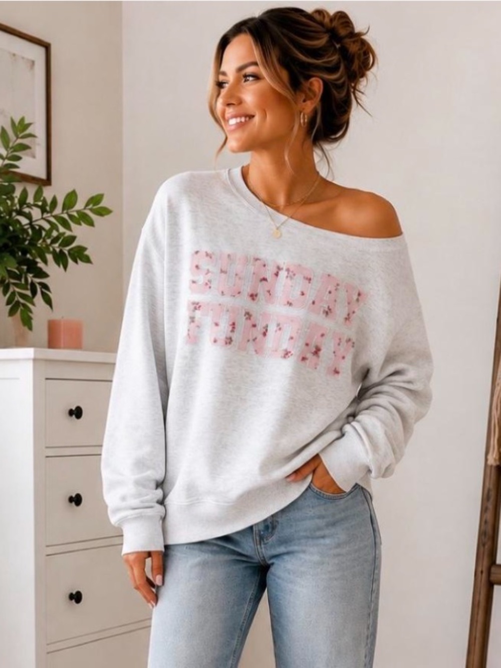 Wild Fable Sunday Funday Floral Appliqué Off-Shoulder Pullover Sweatshirt